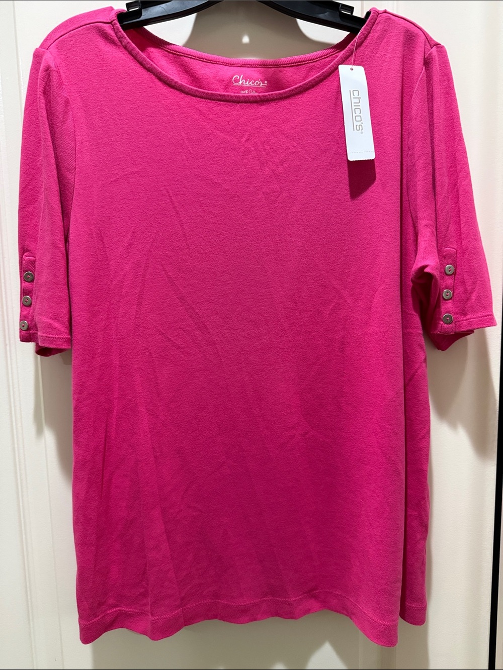 Chico's Fuchsia Short Sleeve Tee with Button Sleeve Detail Large NWT